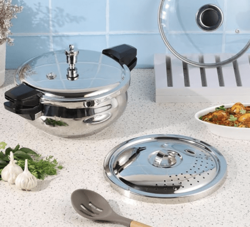 Vinod Magic Stainless Steel Smart 3 in 1 Pressure Cooker 5.5 Litre | 5mm Thick Base | All in One Cooker with Strainer & Glass Lid | Induction and Gas Base | ISI certified | 2 Years Warranty - Image 2